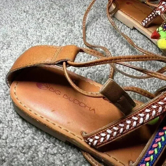Big Buddha Pom Pom Lace-Up Beaded Gladiator Sandal Women Size 7 Flat Summer Shoe - Picture 3 of 4